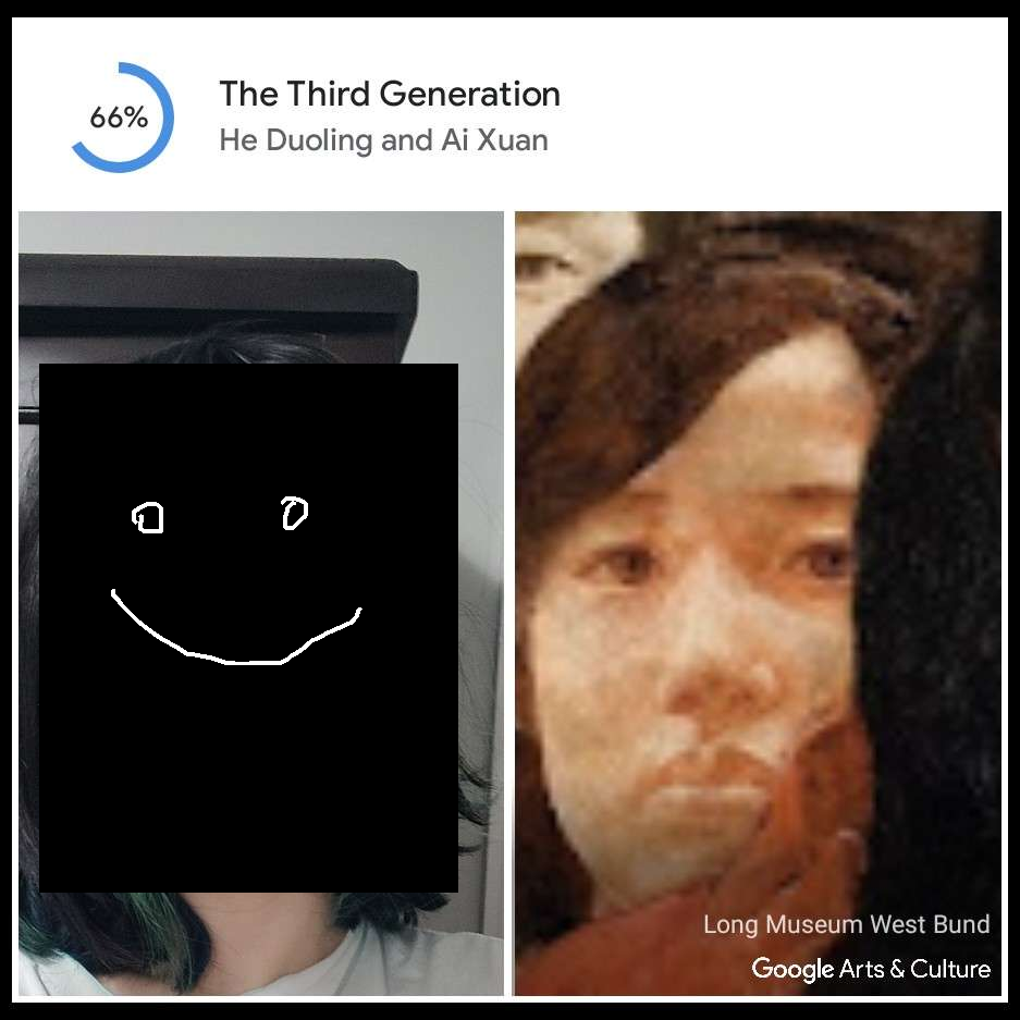 A screenshot of the Google Arts and Culture game that matches faces to paintings. The photo on the left is blocked out, and the photo on the right is a zoom in of a woman in a painting