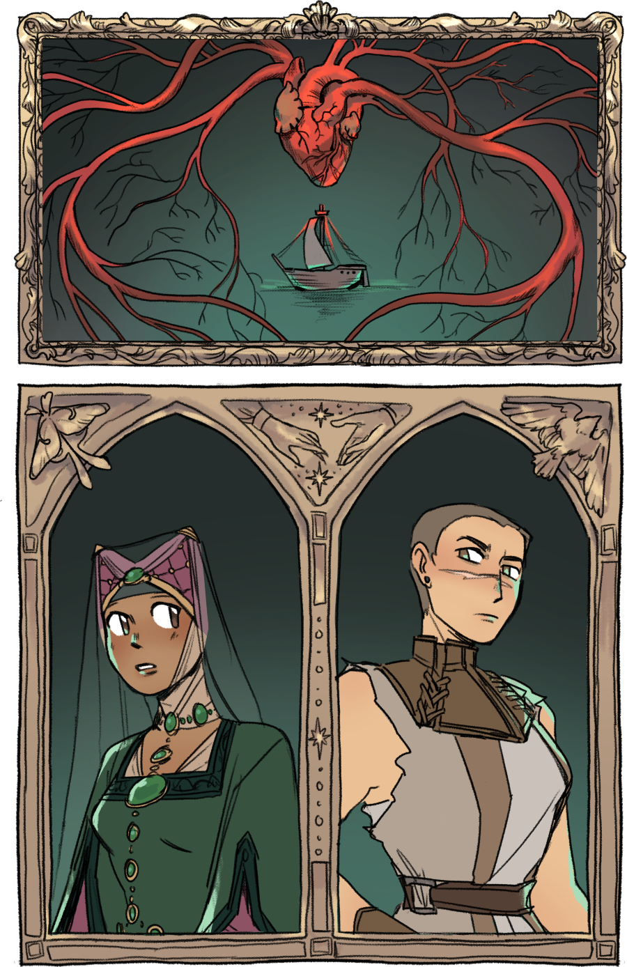 Two images in picture frames. The top has an anatomical heart with veins surrounding a ship. The bottom has two characters in separate arched frames. The left is a woman in a medieval dress and escoffion. The right has an androgynous person with a facial scar.