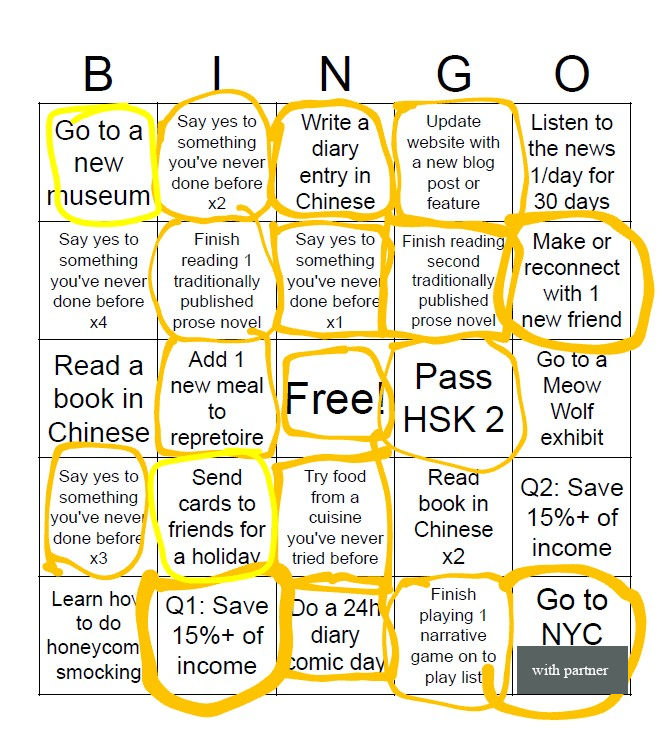5x5 bingo board with new years resolutions