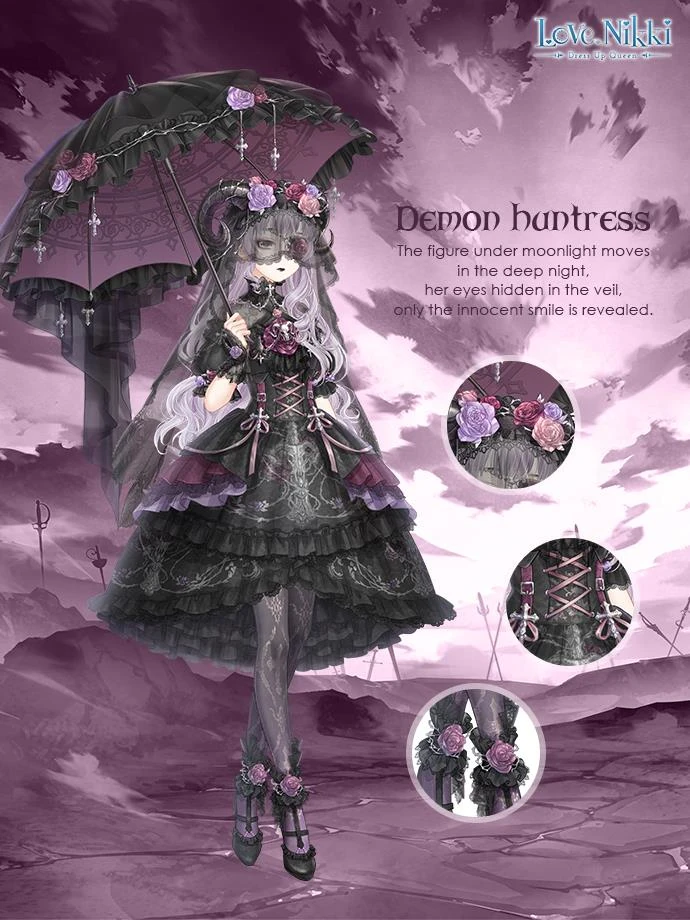 A Love Nikki suit that's a purple and black gothic lolita coord
