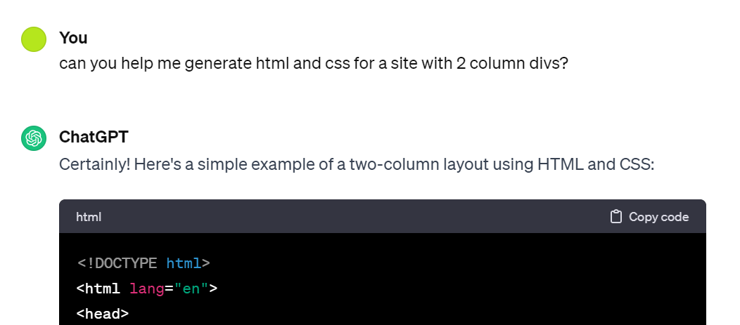 A screenshot of a ChatGPT exchange. I am asking it to generate an example of a div with two columns