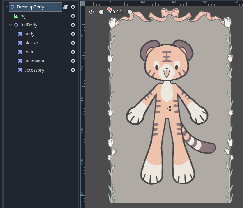 Screenshot of the Godot editor to show how clothing item slots (like blouse, headwear etc) are children of the main body