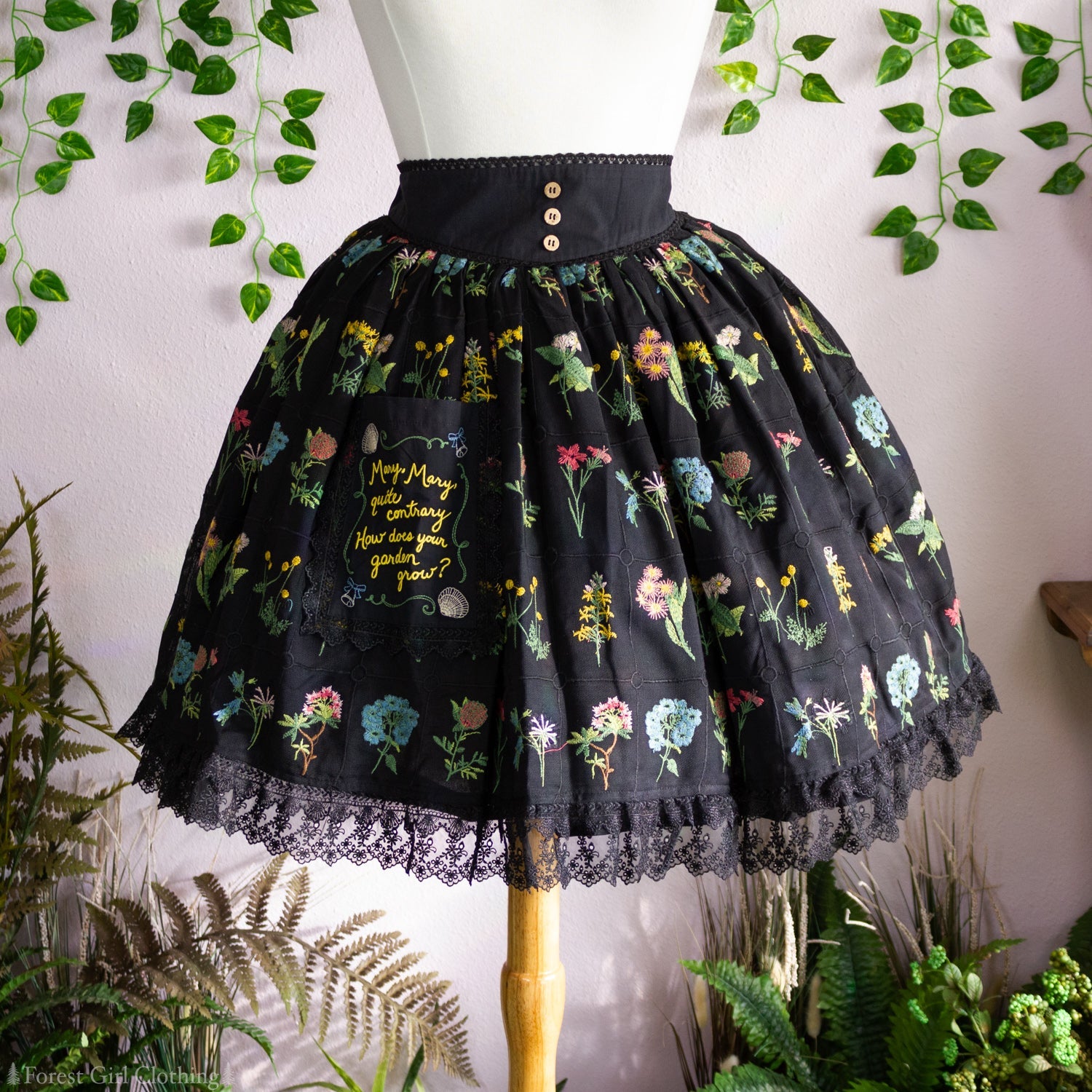 Mary, Mary skirt from Forest Girl Clothing: Black skirt with flower embroidery all over