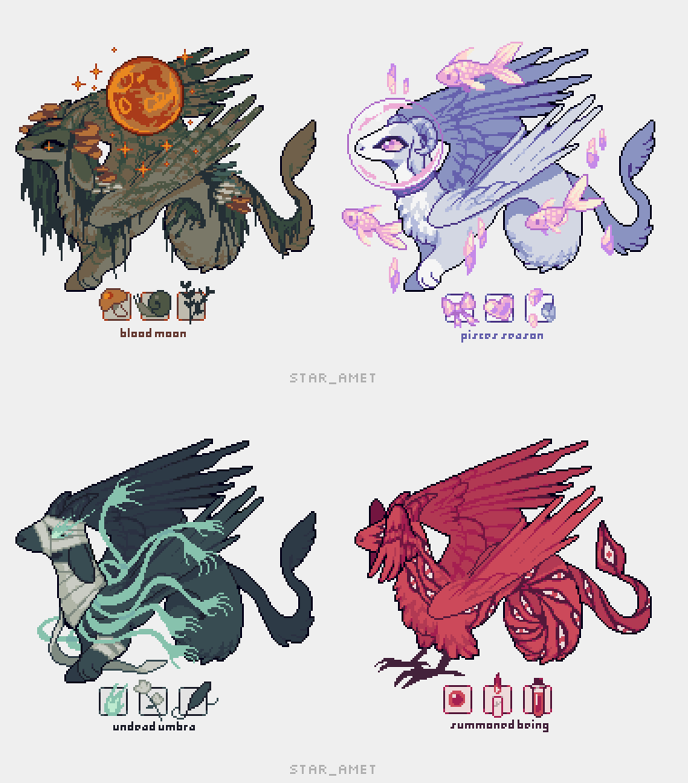 Grid of four dragon-angel designs