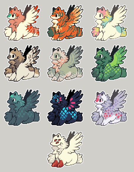 Grid of ten pixel creature designs
