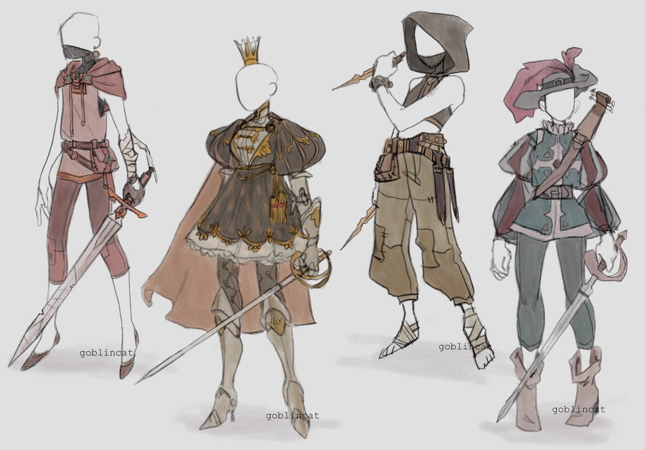 Collection of three fantasy outfit designs