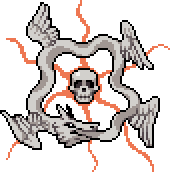 A white dragon with four wings encircling a skull