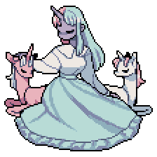 Image of Elsinore, a character with a unicorn horn, surrounded by baby unicorns. Link to her doll profile.