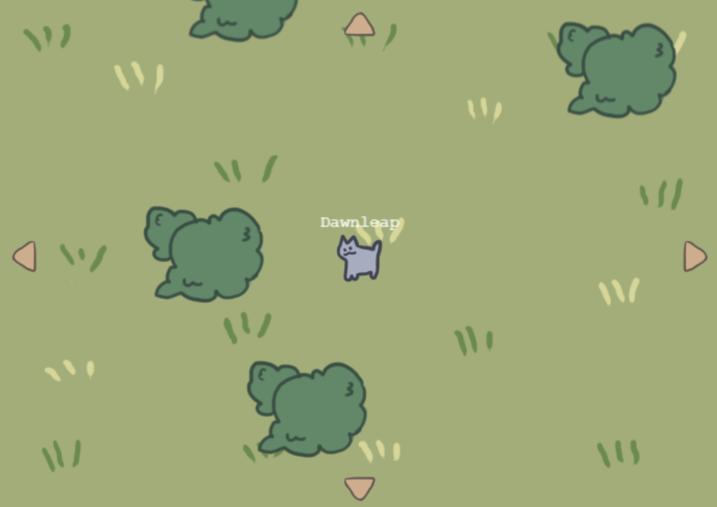 Screenshot of a top-down game featuring a small cat in a field