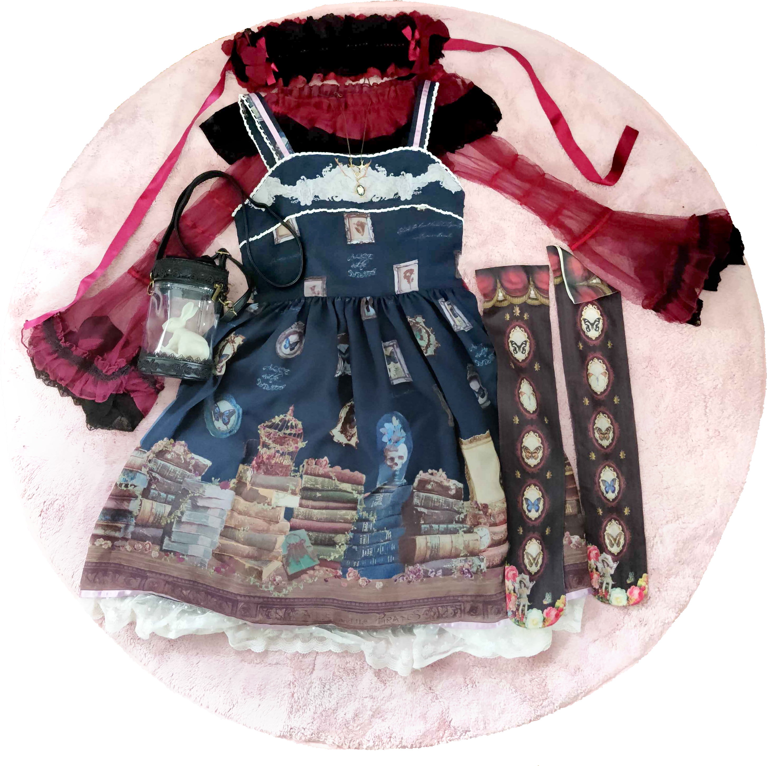 Lolita coord with: Navy JSK with butterfly motifs, red socks with butterfly motifs, red blouse, black and red headdress, clear black bag with rabbit inside