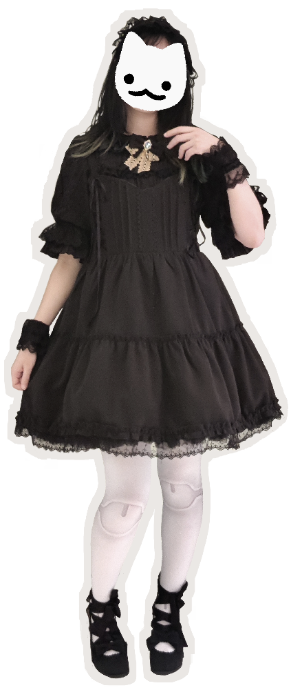 A lolita coord with a black JSK and accessories and white BJD tights