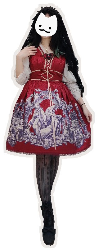 A lolita coord with a black JSK and accessories and white BJD tights