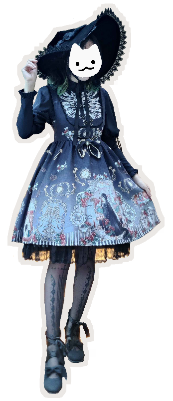 A lolita coord with a black JSK and accessories and white BJD tights