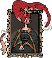 Pixelart of a painting of a woman in a green medieval dress. The face is blocked by a fantasy creature that looks like a long red cat with four eyes, the site's mascot.